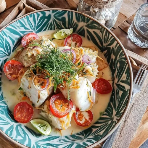 Filet de cabillaud poché au lait de coco et citron vert sur une assiette gourmande.