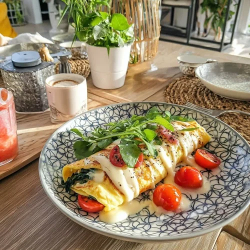 Omelette roulée aux épinards et fromage frais servie en assiette