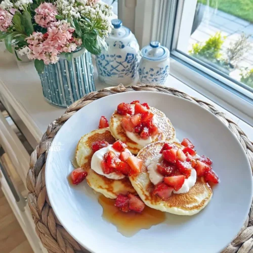 Pancakes à la ricotta garnis de coulis de fraises maison