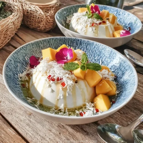 Panna cotta au lait de coco avec des morceaux de mangue fraîche