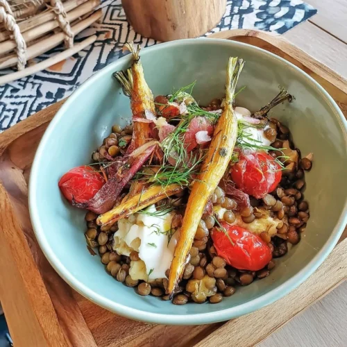 Salade de lentilles avec carottes rôties et cumin