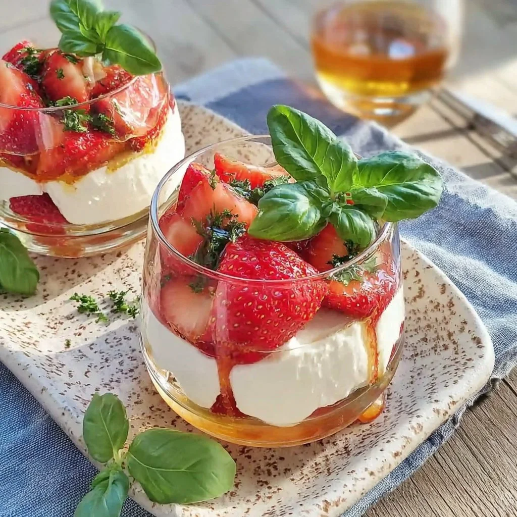 Verrines de ricotta aux fraises et basilic frais